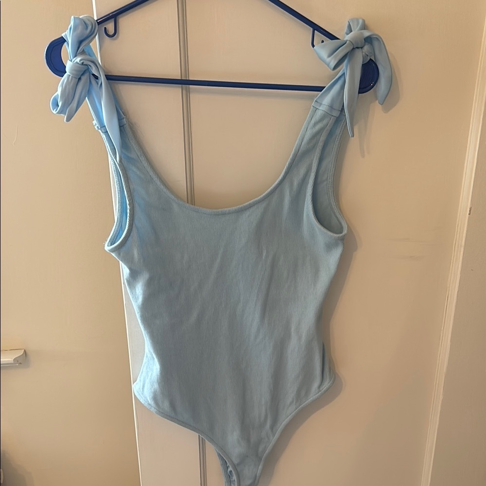 Baby Blue Bodysuit with Bow Straps and Scoop Neckline